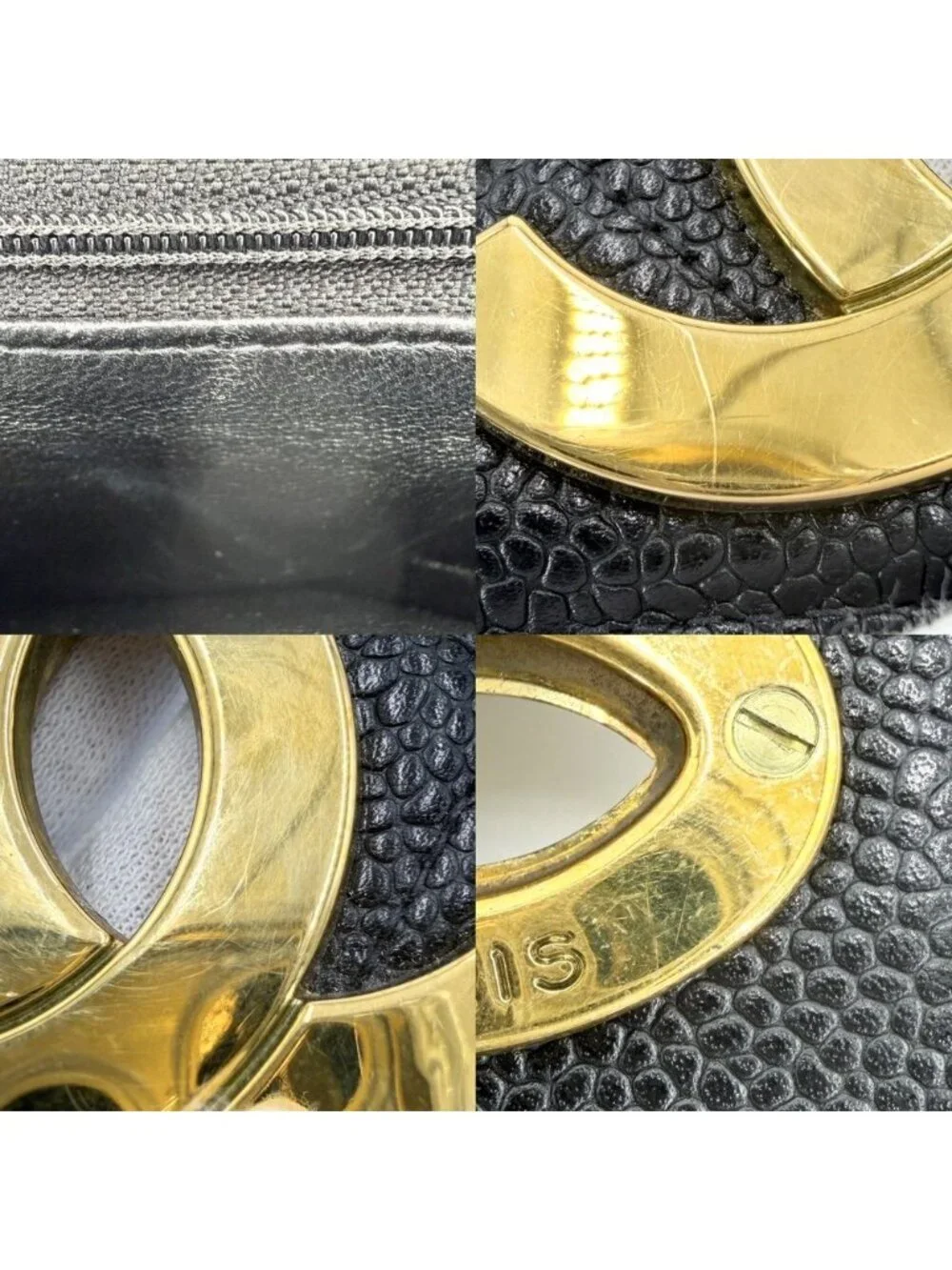 Chanel Shoulder Bag Quilted CC Logo Square Crossbody Caviar Leather Black Gold